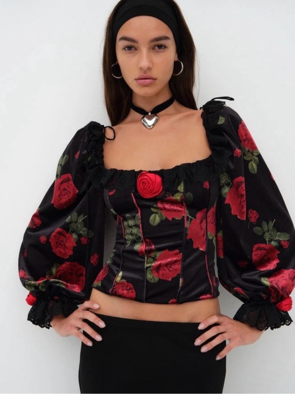 For Love and Lemons Black Rose Print Puff-Sleeve Corset Top